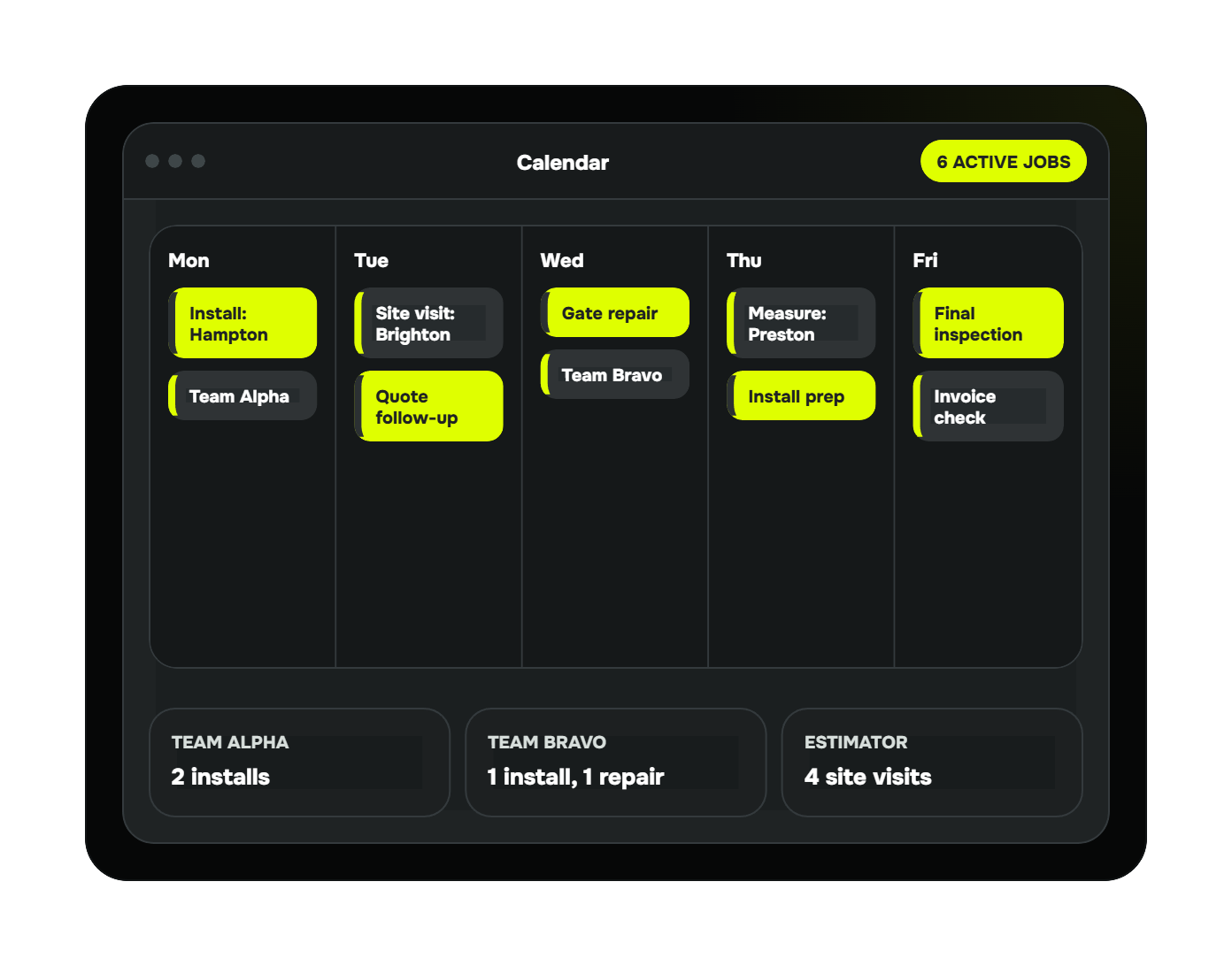 Calendar schedule with crews and active fencing jobs.