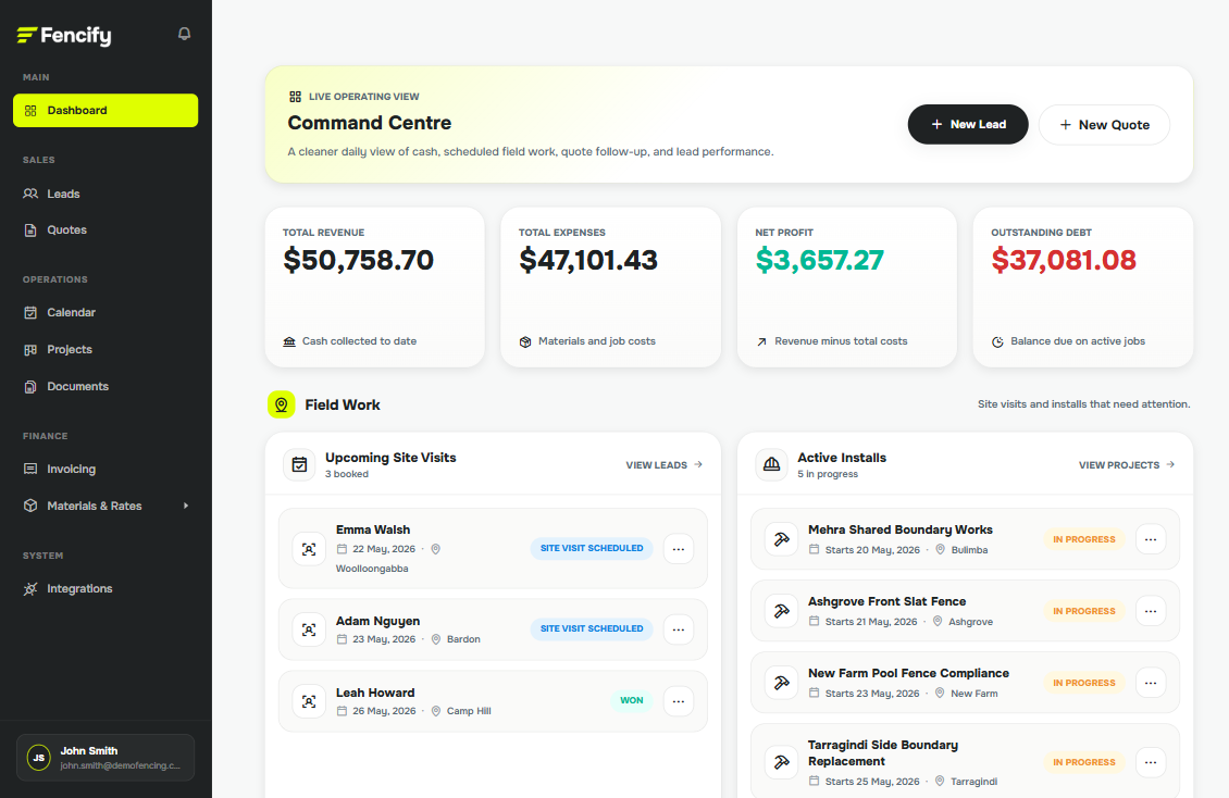 Fencify dashboard with leads, quotes, projects and revenue snapshot