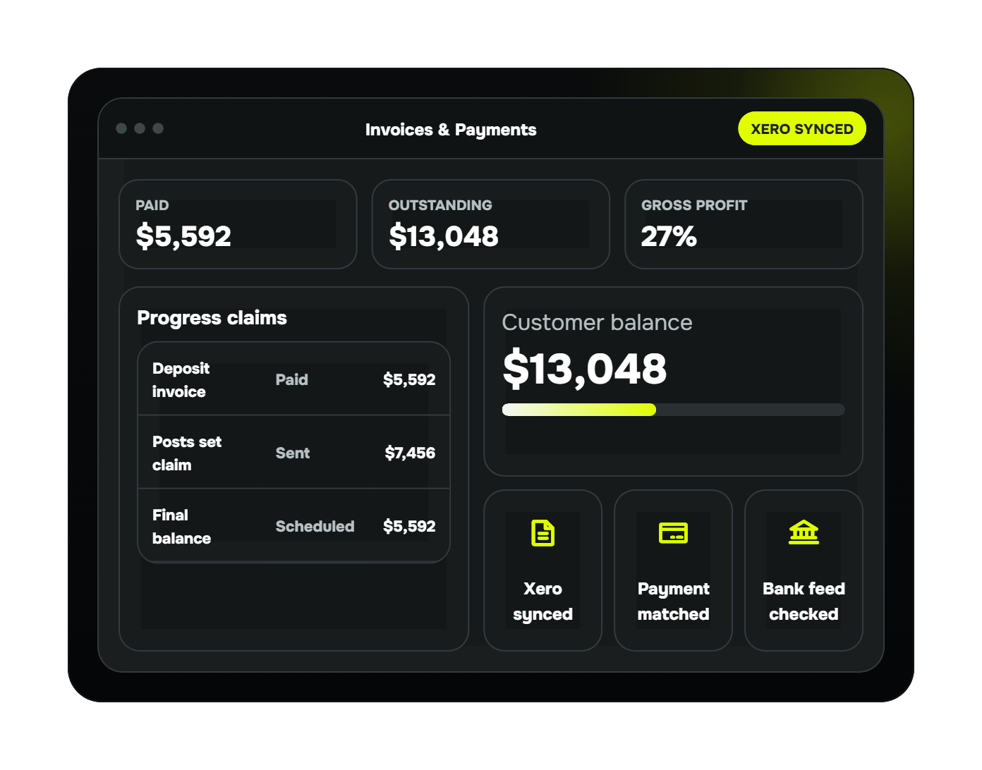 Invoice and payment tracking with Xero or QuickBooks sync status.