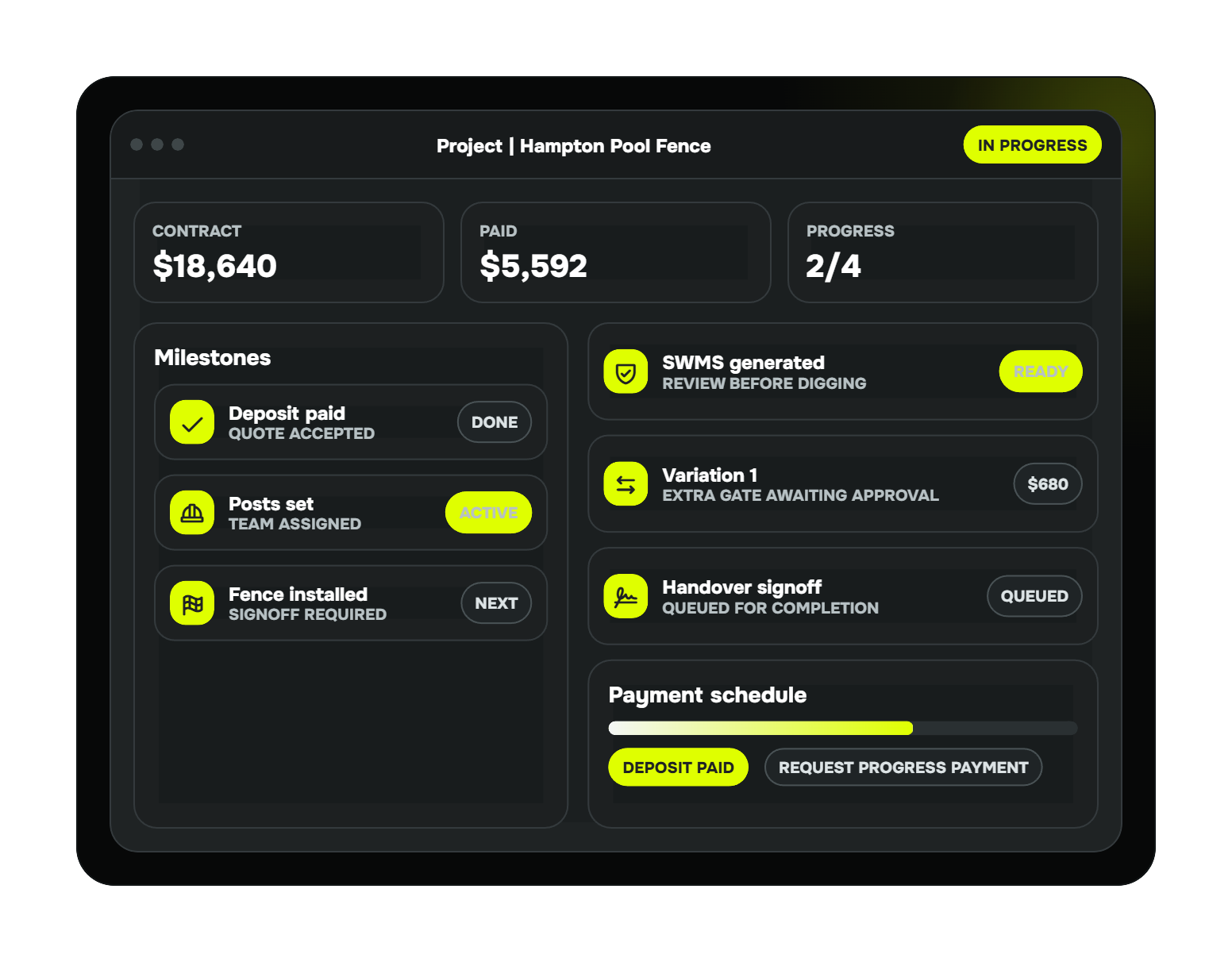 Project page with milestones, SWMS, variations, signoff and payments.