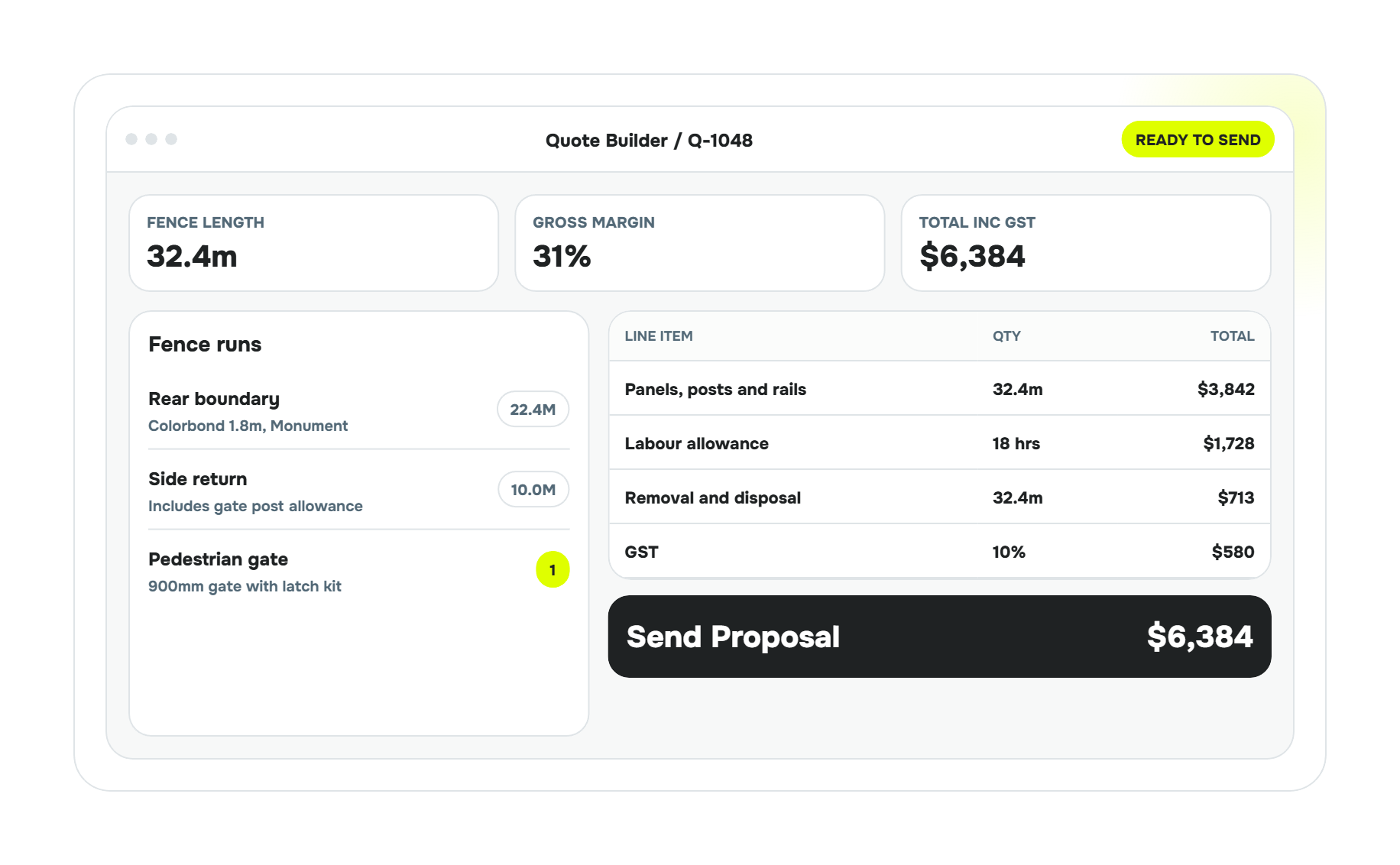 Quote Builder showing fence runs, materials, labour, GST and margin.